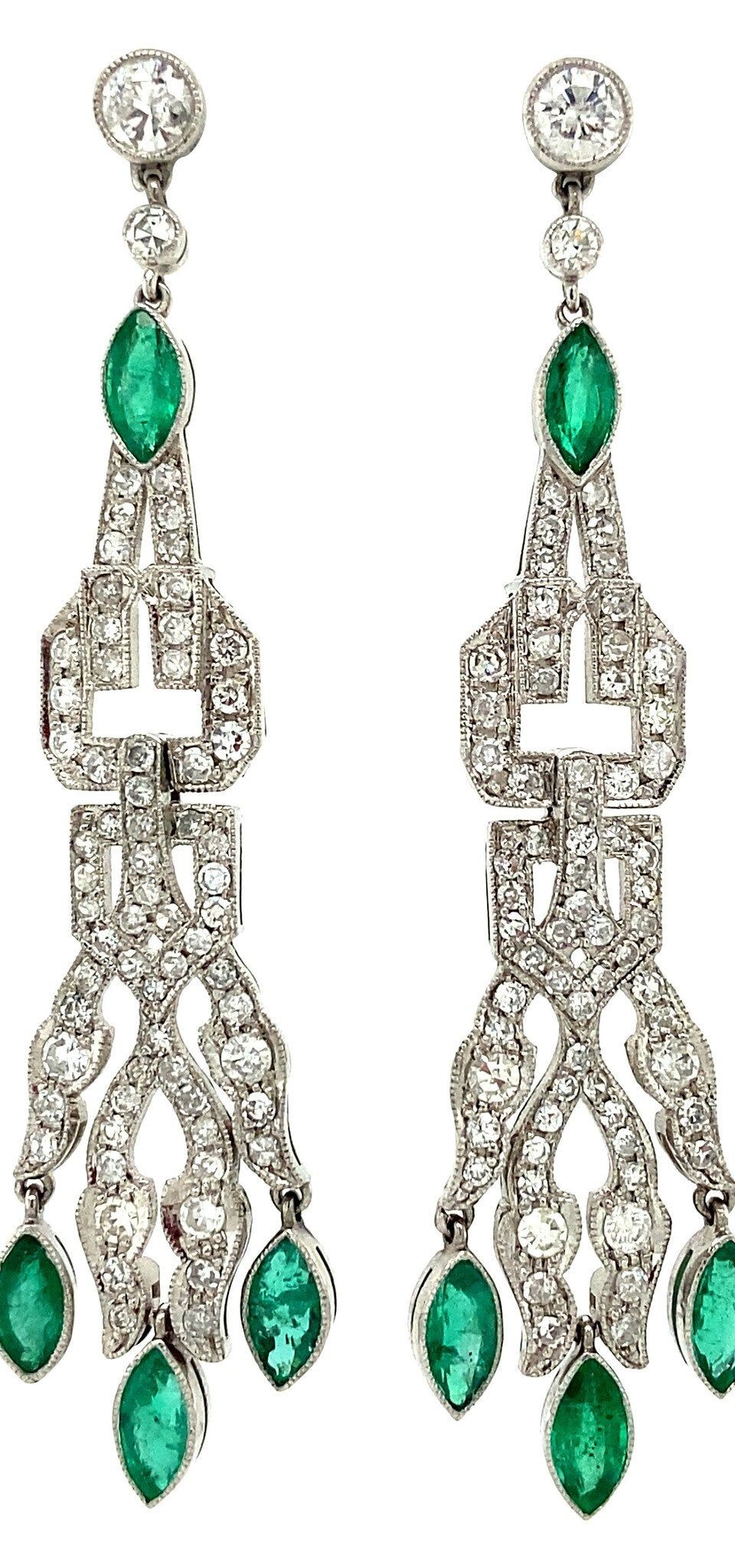Vintage Platinum Drop Earrings with Emerald and Diamond